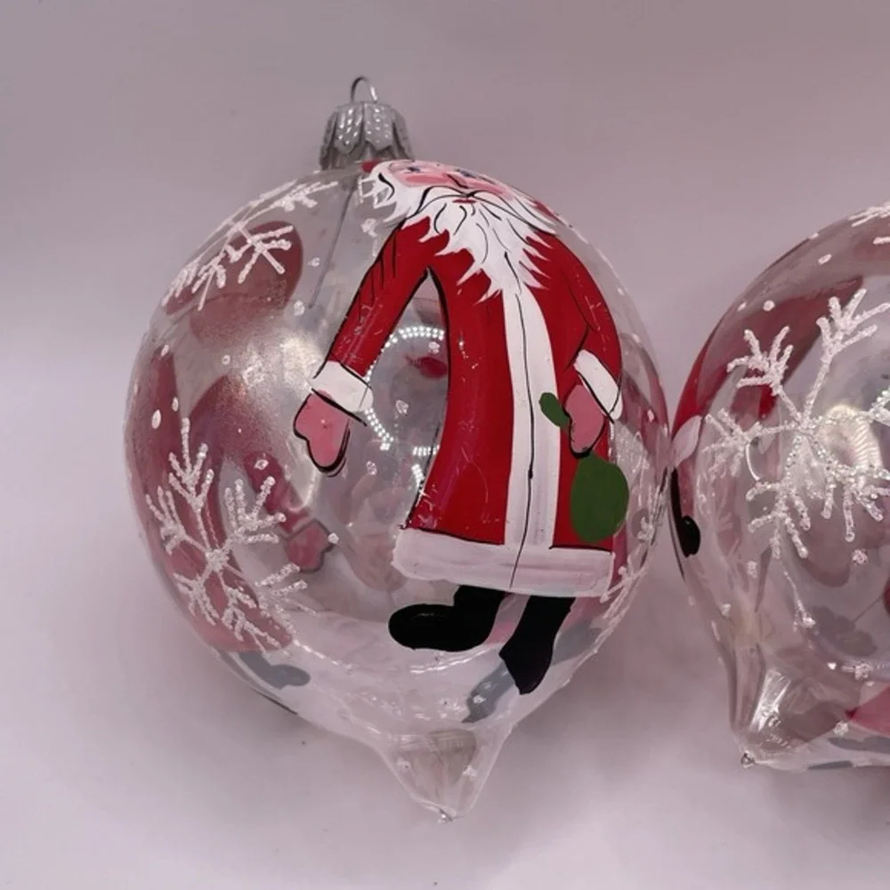 Vintage Hand Painted Santa Blown Glass Teardrop Christmas Ornaments Set of‎ 2